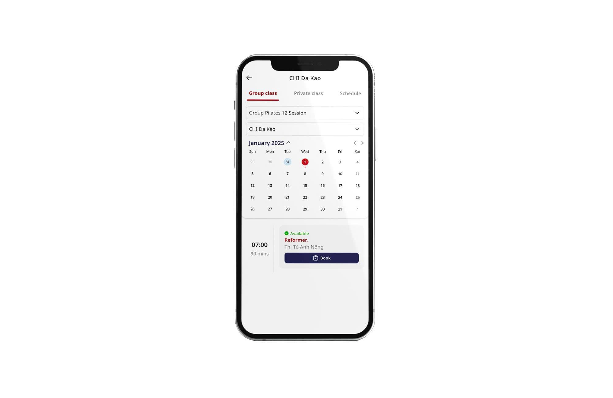 Actiwell mobile app screens for class booking and attendance flow