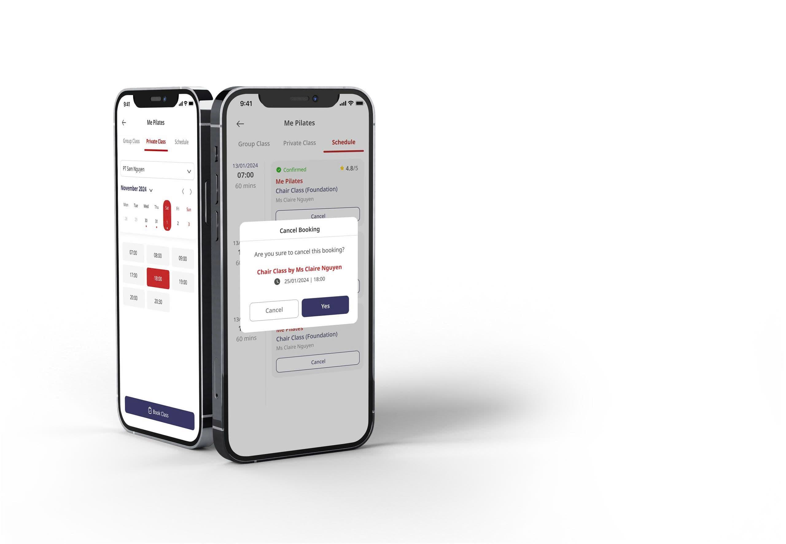 Actiwell PT booking screens showing private class scheduling and booking management